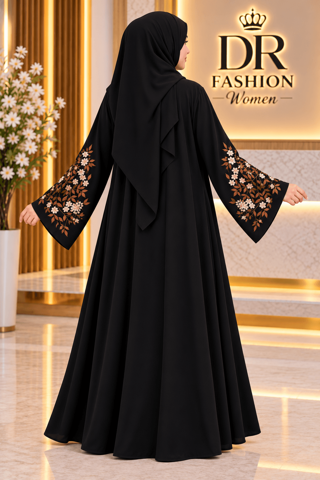 Black Floral Embroidery Borkha with Hijab – DR Fashion Women thumbnail 2
