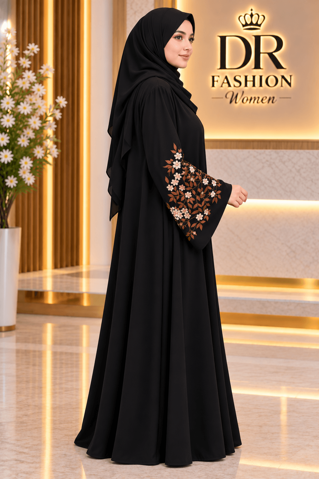 Black Floral Embroidery Borkha with Hijab – DR Fashion Women thumbnail 3