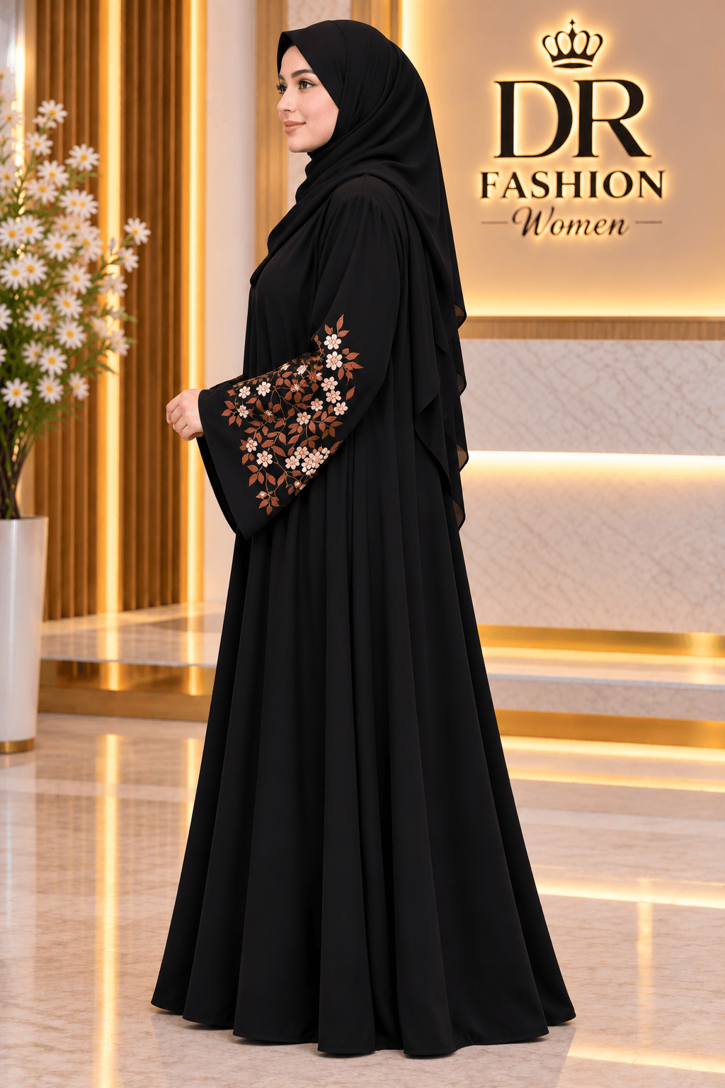 Black Floral Embroidery Borkha with Hijab – DR Fashion Women thumbnail 4