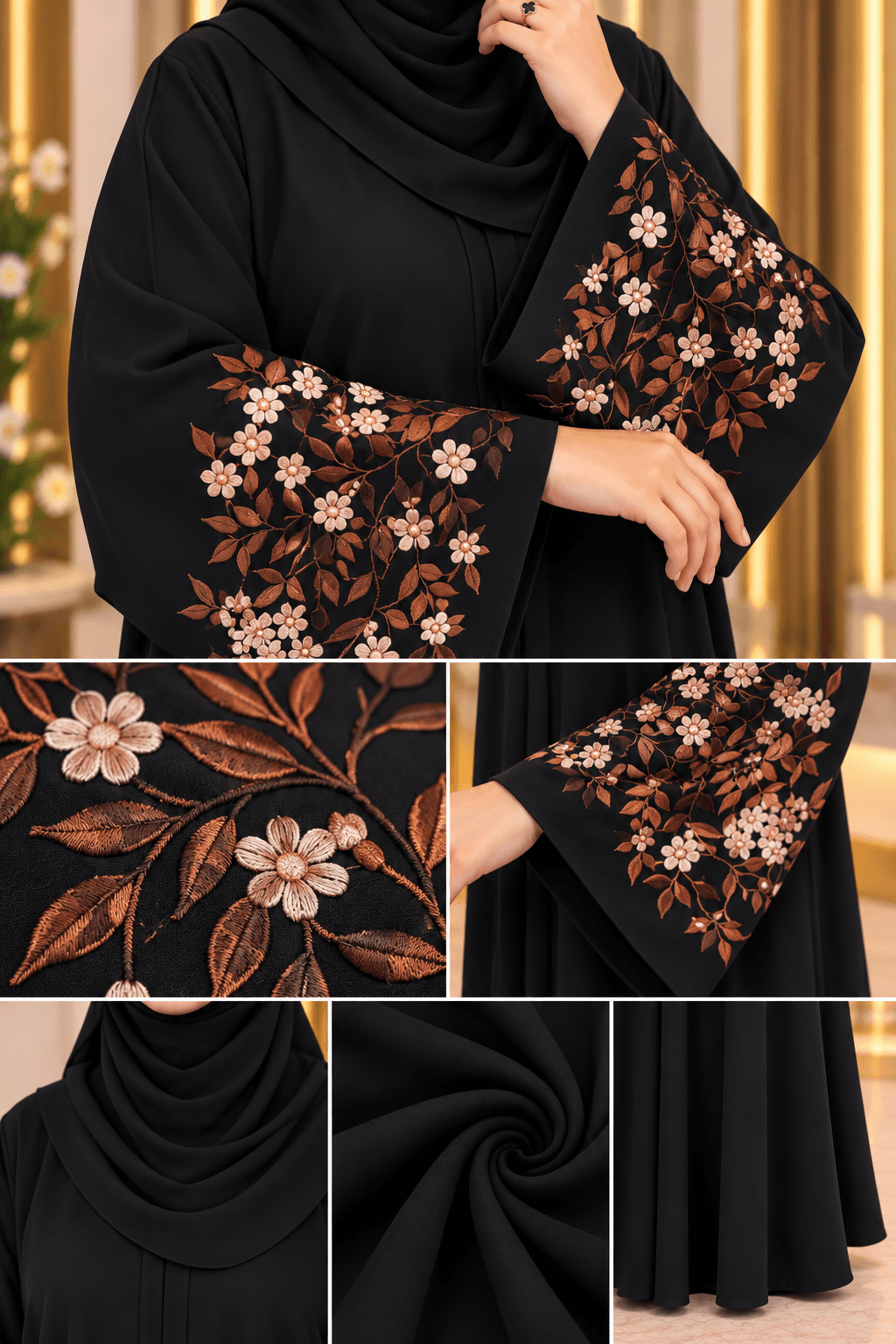 Black Floral Embroidery Borkha with Hijab – DR Fashion Women thumbnail 5