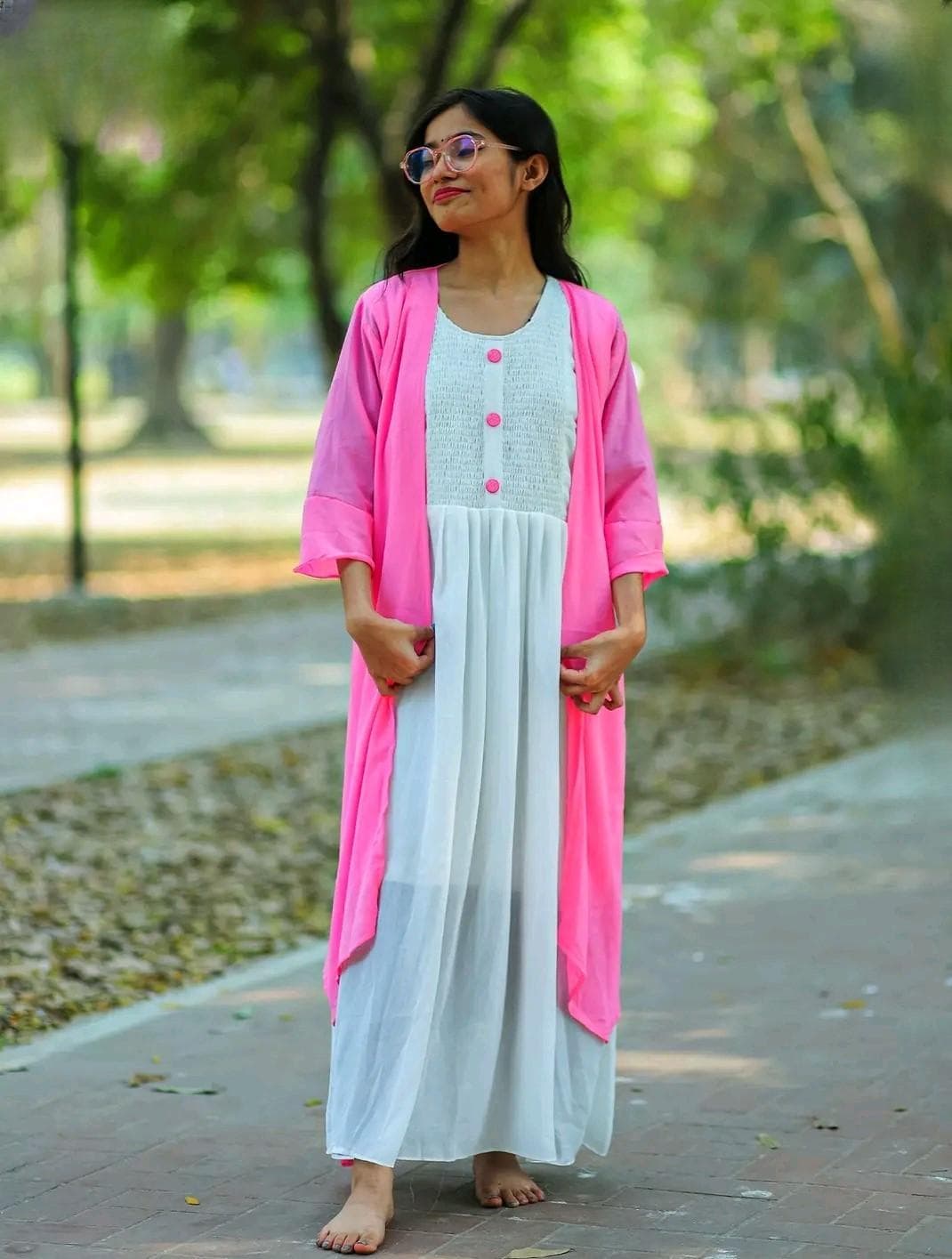 Elegant White Grown With Soft Pink Shrug for Women