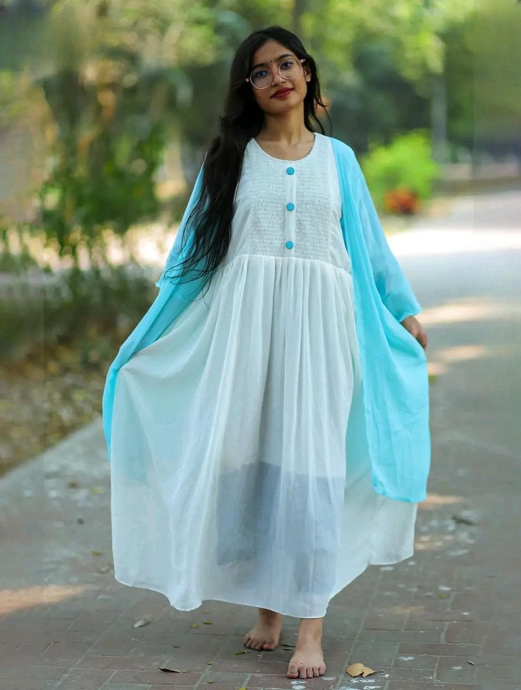 Elegant White Grown With Sky Blue Shrug for Women