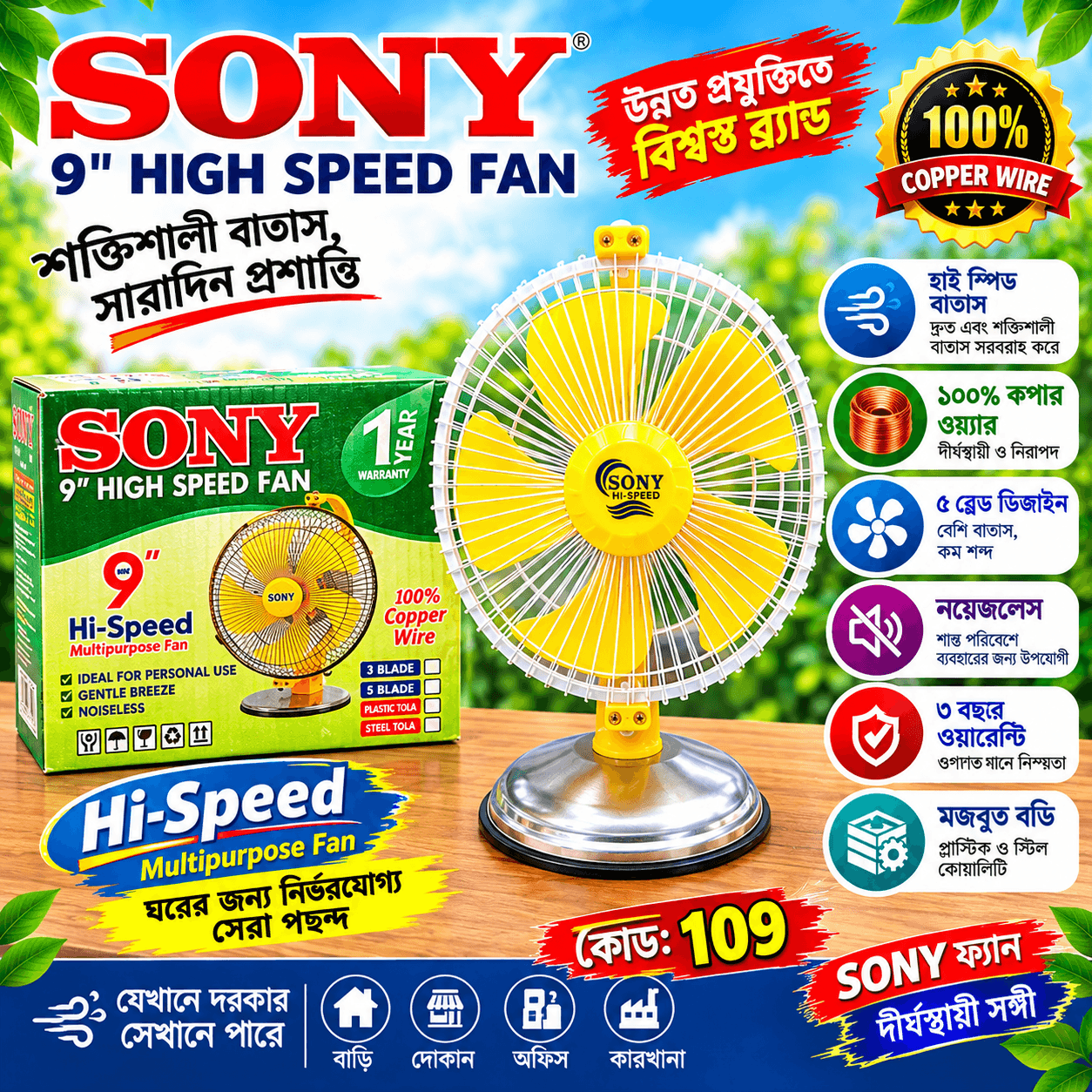 Sony 9" High Speed Portable Table Fan - Multi-Color