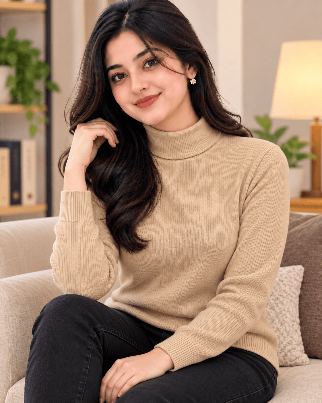 Women’s Beige Ribbed Turtleneck Sweater