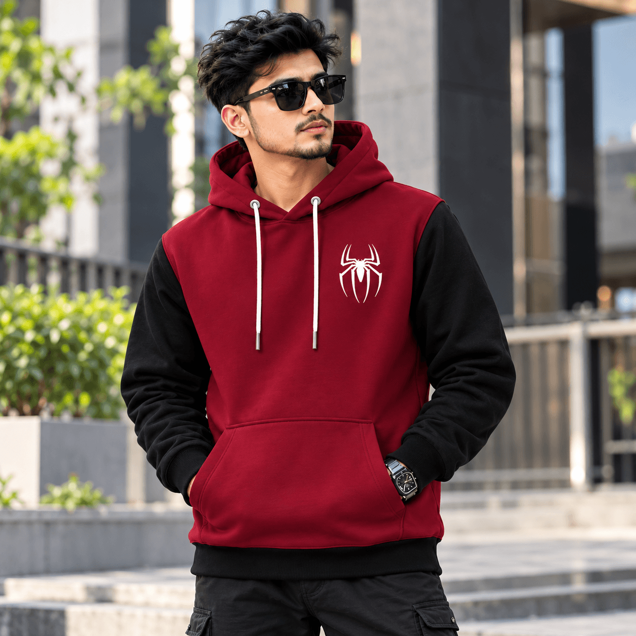 Premium Spider Hoodie for Men – Maroon & Black | DR Fashion