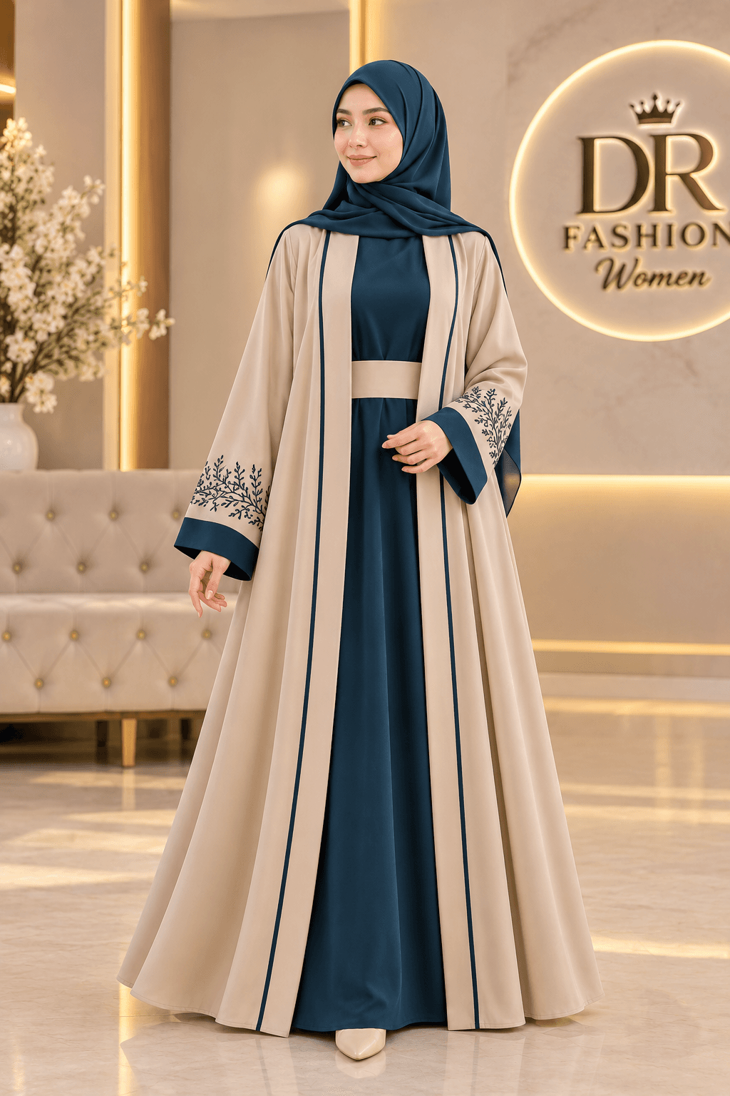 Turkish Embroidery Borkha with Hijab – Beige & Teal | DR Fashion Women