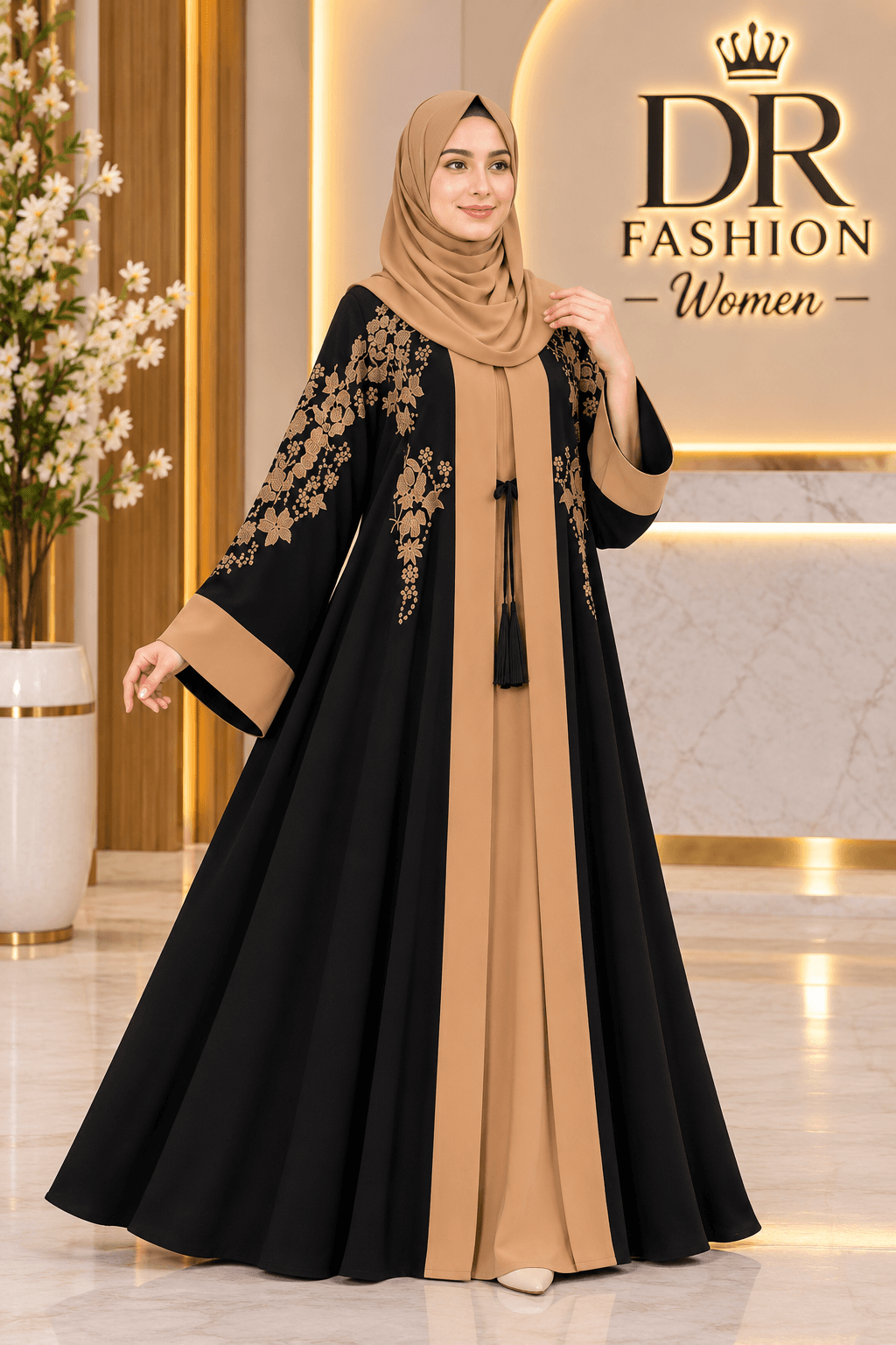 Black & Camel Turkish Embroidery Borkha with Hijab – DR Fashion Women