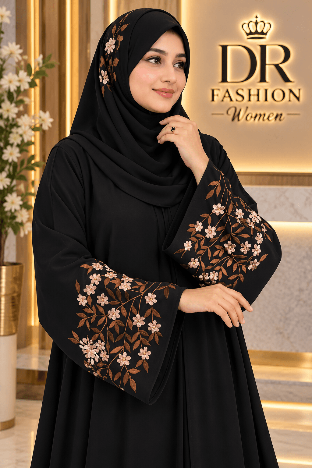Black Floral Embroidery Borkha with Hijab – DR Fashion Women